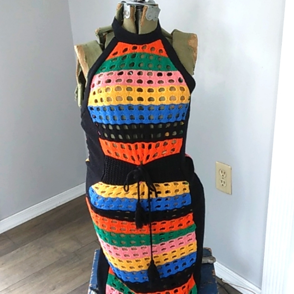 CLARA STORY BOHO CROCHET HALTER DRESS DRAWSTRING WAIST TASSELED HEM WOMANS S